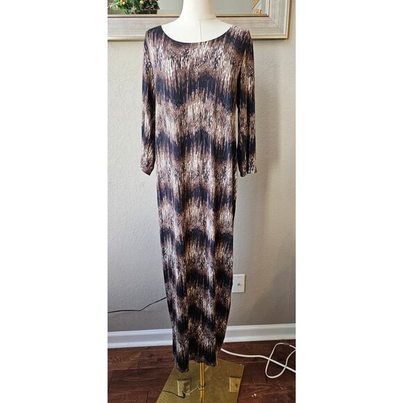 Cynthia Rowley Long Ikat Maxi Dress Women Size XL Brown Stretch Pullover‎ Boho - Picture 1 of 6